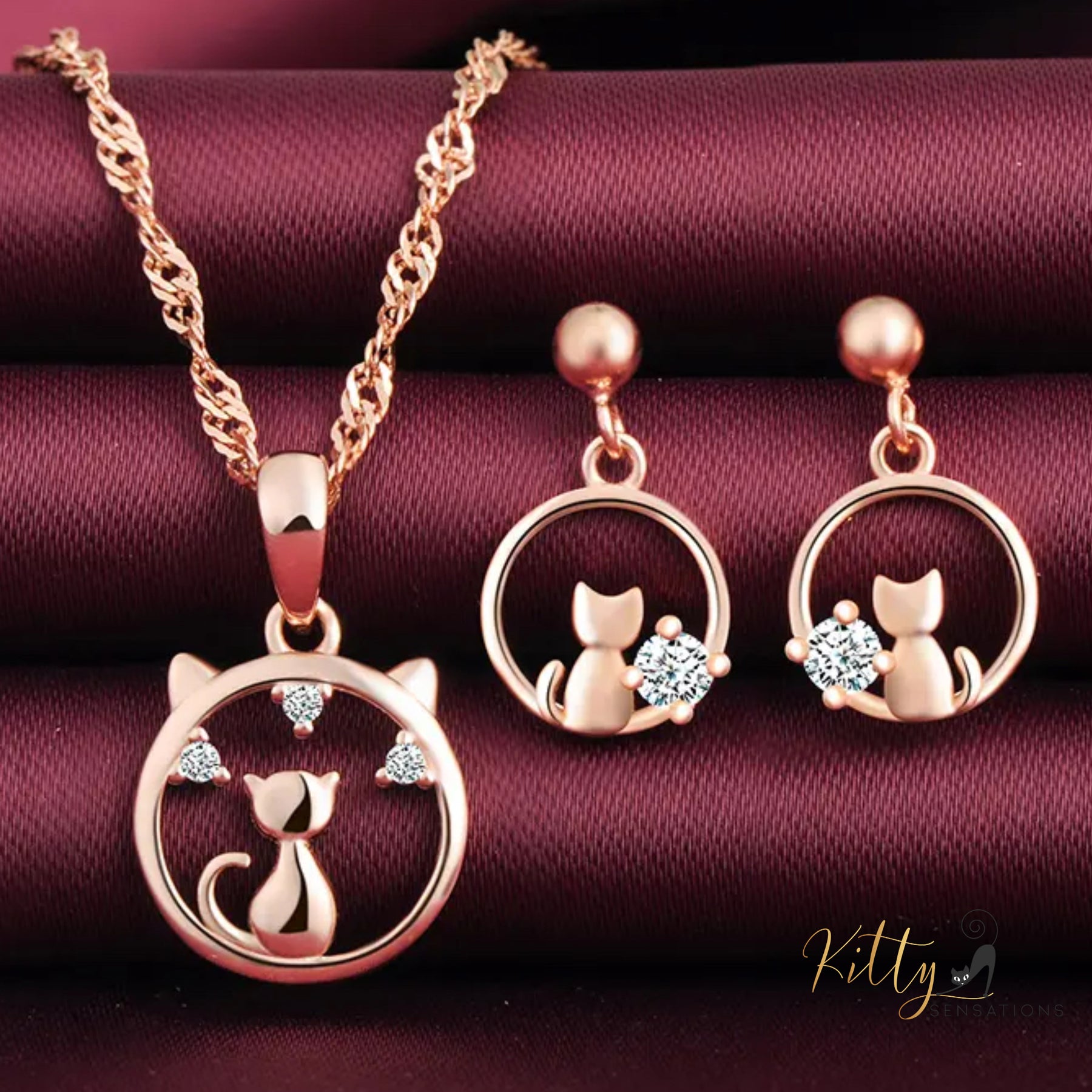 www.KittySensations.com: Center of Your World CZ Cat Jewelry Set in Solid 925 Sterling Silver (Rose Gold Plated) ($76.33): https://www.kittysensations.com/products/center-of-your-world-cat-jewelry-set-in-solid-925-sterling-silver-rose-gold-plated