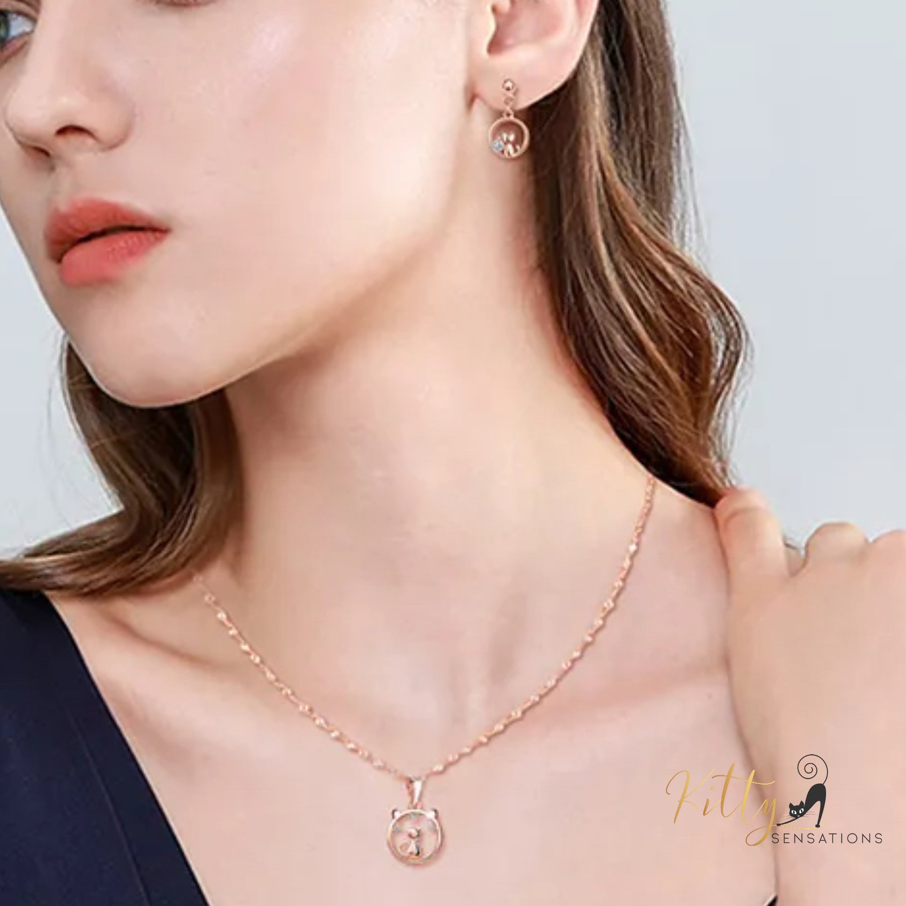 www.KittySensations.com: Center of Your World CZ Cat Jewelry Set in Solid 925 Sterling Silver (Rose Gold Plated) ($76.33): https://www.kittysensations.com/products/center-of-your-world-cat-jewelry-set-in-solid-925-sterling-silver-rose-gold-plated