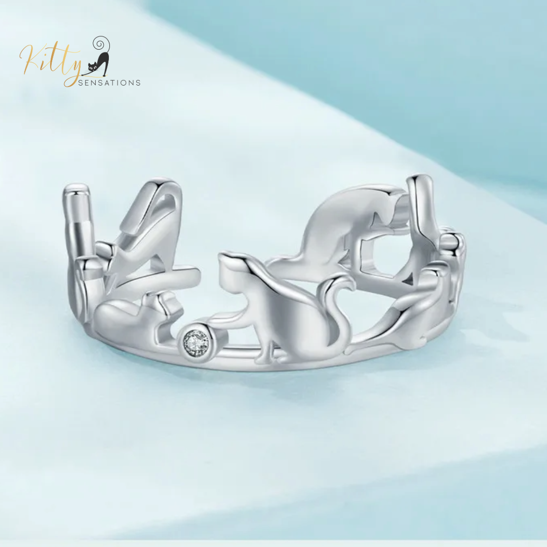 Cat Ring - Seven Healthy, Playful Cats in Solid 925 Sterling Silver - Platinum Plated, Playing with Cubic Zirconia (CZ) Balls (Adjustable Size) ($51.20)