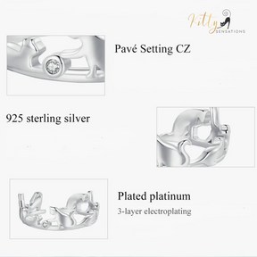 Cat Ring - Seven Healthy, Playful Cats in Solid 925 Sterling Silver - Platinum Plated, Playing with Cubic Zirconia (CZ) Balls (Adjustable Size) ($51.20)