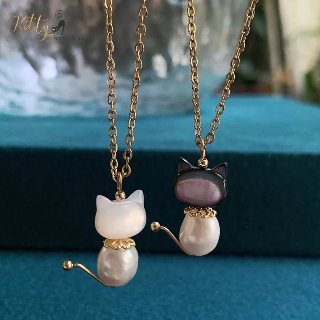 Natural Freshwater Pearl and Mother-of-Pearl Cat Necklace (White or Black) - Gold Plated
