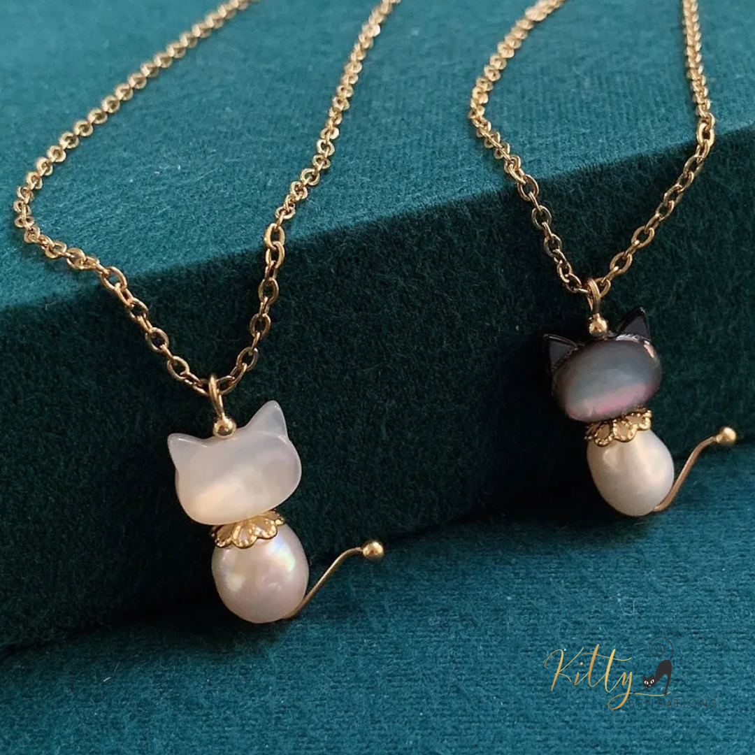 Natural Freshwater Pearl and Mother-of-Pearl Cat Necklace (White or Black) - Gold Plated