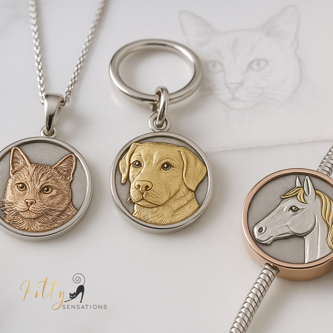 Three pet portrait pendants on necklaces with a cat illustration in the background.