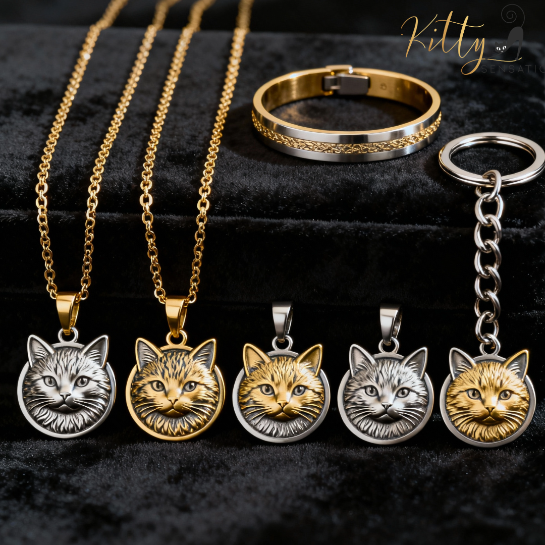Cat-themed jewelry set including necklaces, a bracelet, and a keychain on a black background.