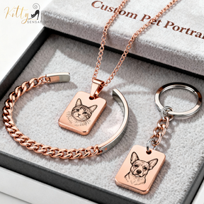 Rose gold bracelet and keychain with pet portraits on a branded box