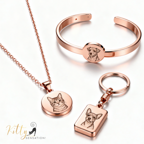 Rose gold jewelry set with pet portraits on a white background