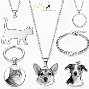 Collection of pet-themed jewelry including necklaces, keychains, and bracelets with cat and dog designs.