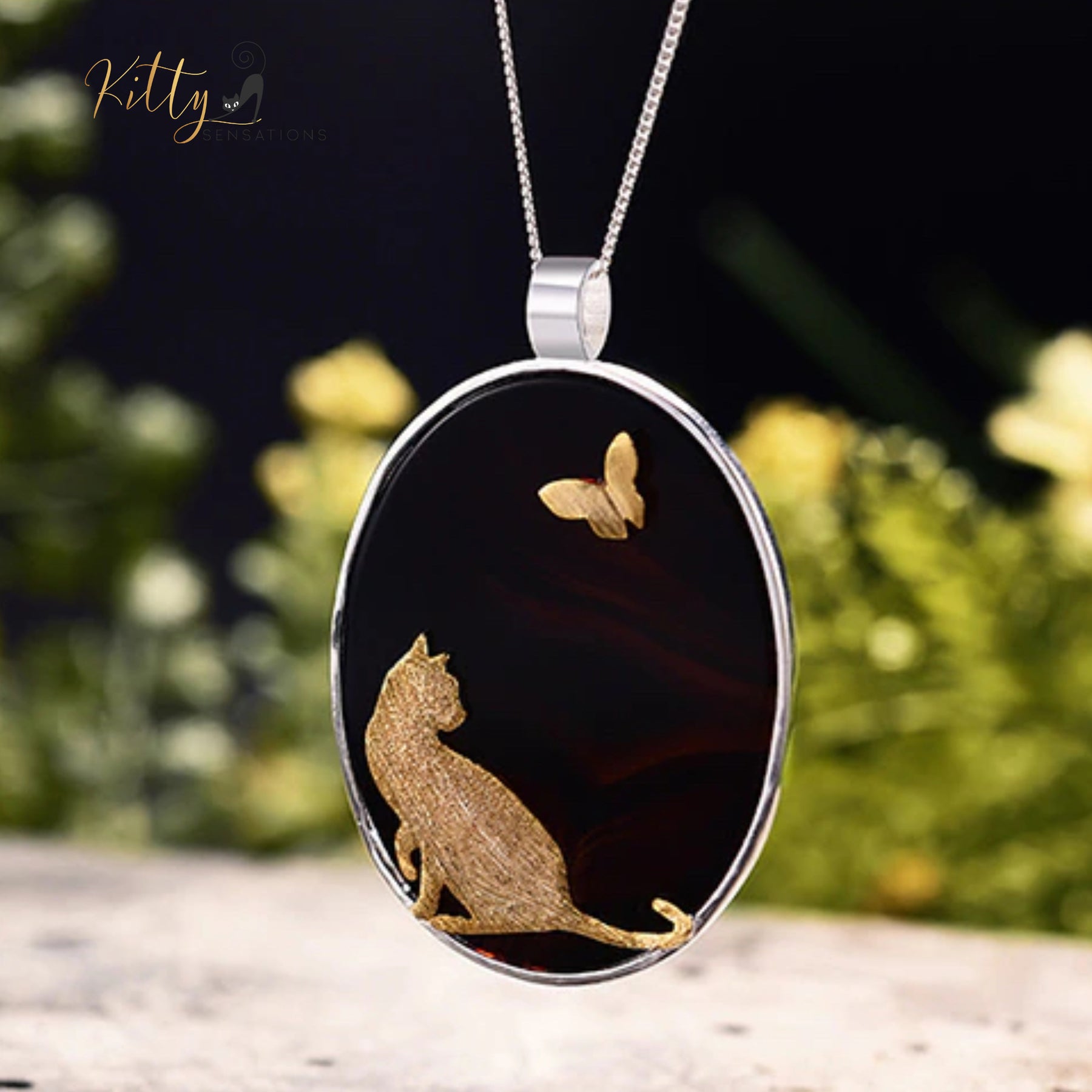 www.KittySensations.com:Gold Kitty on Natural Agate Necklace in Solid 925 Sterling Silver (Gold Plated) - Pendant Only ($241.77): https://www.kittysensations.com/products/gold-kitty-on-natural-agate-necklace-in-solid-925-sterling-silver