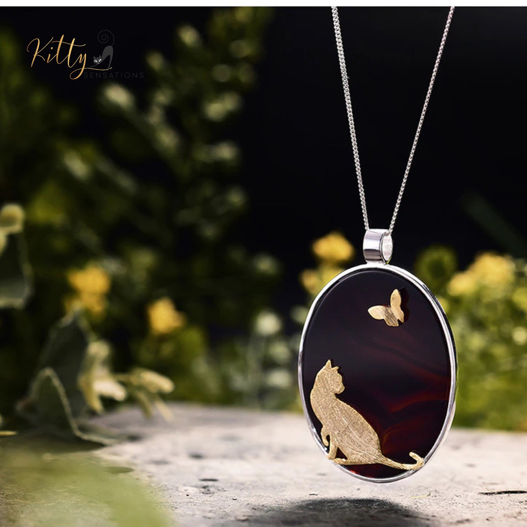 www.KittySensations.com:Gold Kitty on Natural Agate Necklace in Solid 925 Sterling Silver (Gold Plated) - Pendant Only ($241.77): https://www.kittysensations.com/products/gold-kitty-on-natural-agate-necklace-in-solid-925-sterling-silver