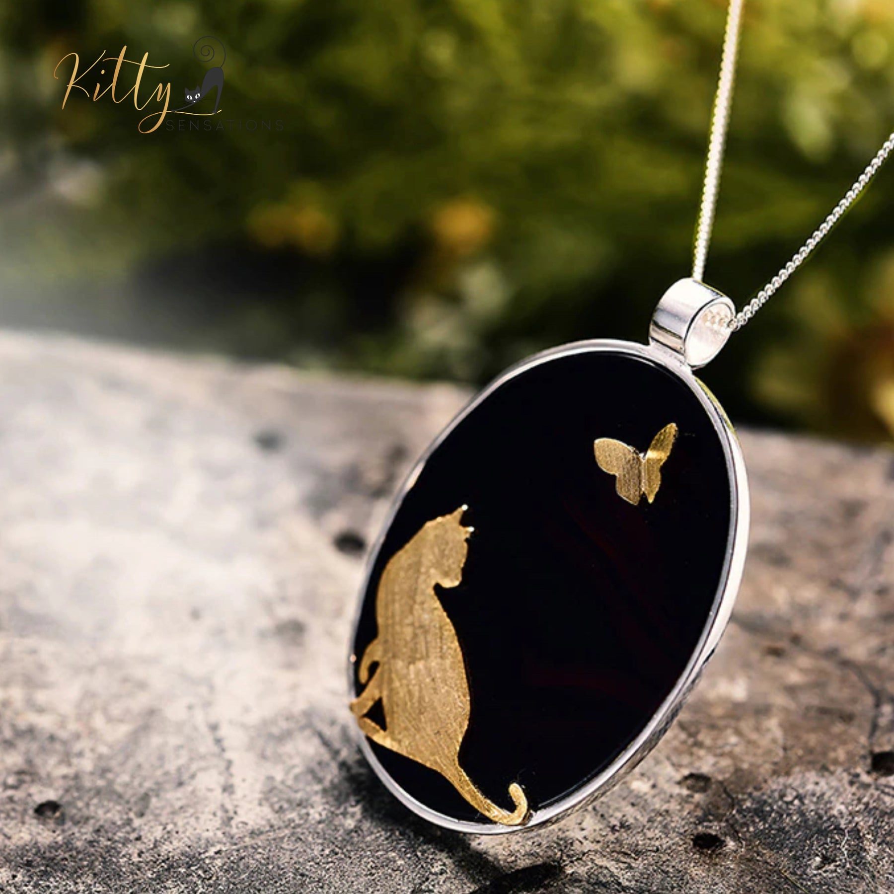 www.KittySensations.com:Gold Kitty on Natural Agate Necklace in Solid 925 Sterling Silver (Gold Plated) - Pendant Only ($241.77): https://www.kittysensations.com/products/gold-kitty-on-natural-agate-necklace-in-solid-925-sterling-silver