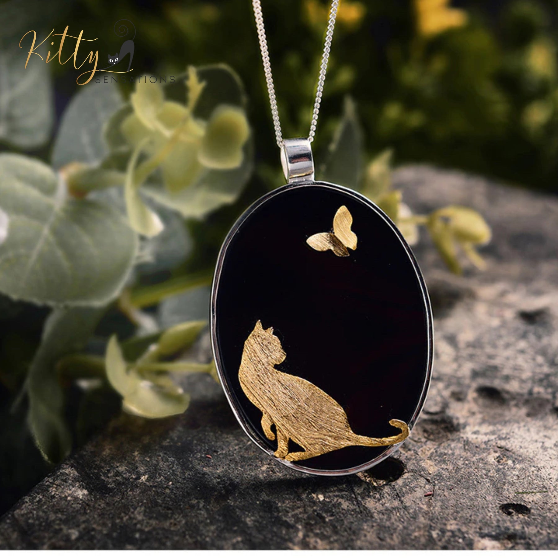 www.KittySensations.com:Gold Kitty on Natural Agate Necklace in Solid 925 Sterling Silver (Gold Plated) - Pendant Only ($241.77): https://www.kittysensations.com/products/gold-kitty-on-natural-agate-necklace-in-solid-925-sterling-silver