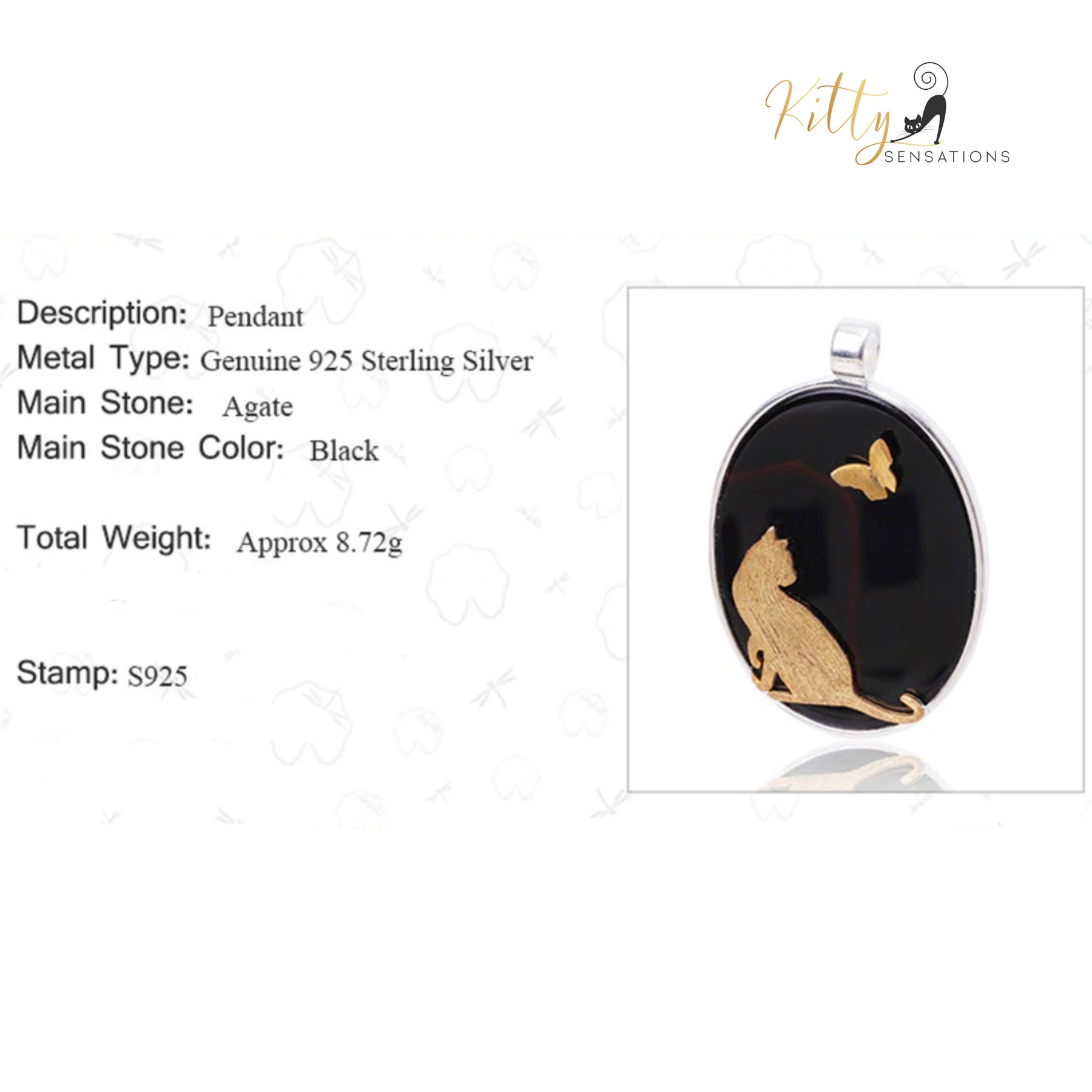 www.KittySensations.com:Gold Kitty on Natural Agate Necklace in Solid 925 Sterling Silver (Gold Plated) - Pendant Only ($241.77): https://www.kittysensations.com/products/gold-kitty-on-natural-agate-necklace-in-solid-925-sterling-silver