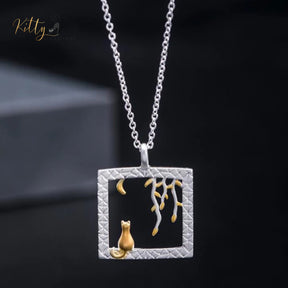 www.KittySensations.com: Golden Moon Kitty in Silver Square Necklace in Solid 925 Sterling Silver (18K Gold Plated) ($80.90): https://www.kittysensations.com/products/golden-moon-kitty-in-silver-square-necklace-in-solid-925-sterling-silver-18k-gold-plated