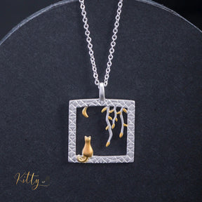 www.KittySensations.com: Golden Moon Kitty in Silver Square Necklace in Solid 925 Sterling Silver (18K Gold Plated) ($80.90): https://www.kittysensations.com/products/golden-moon-kitty-in-silver-square-necklace-in-solid-925-sterling-silver-18k-gold-plated