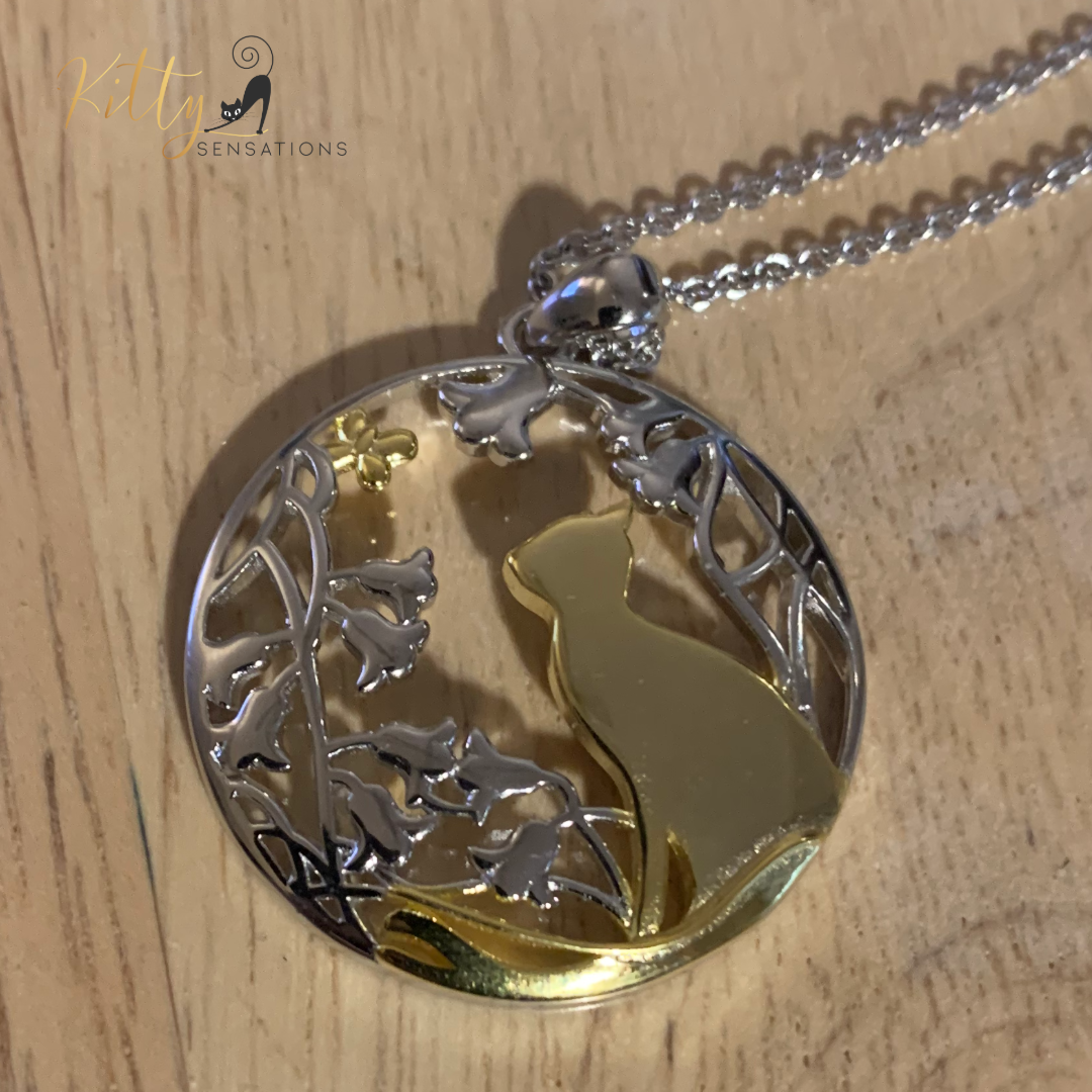 Daffodils, Butterfly, and Kitty Necklace in Solid 925 Sterling Silver (18K Gold Plated) - Adjustable Length