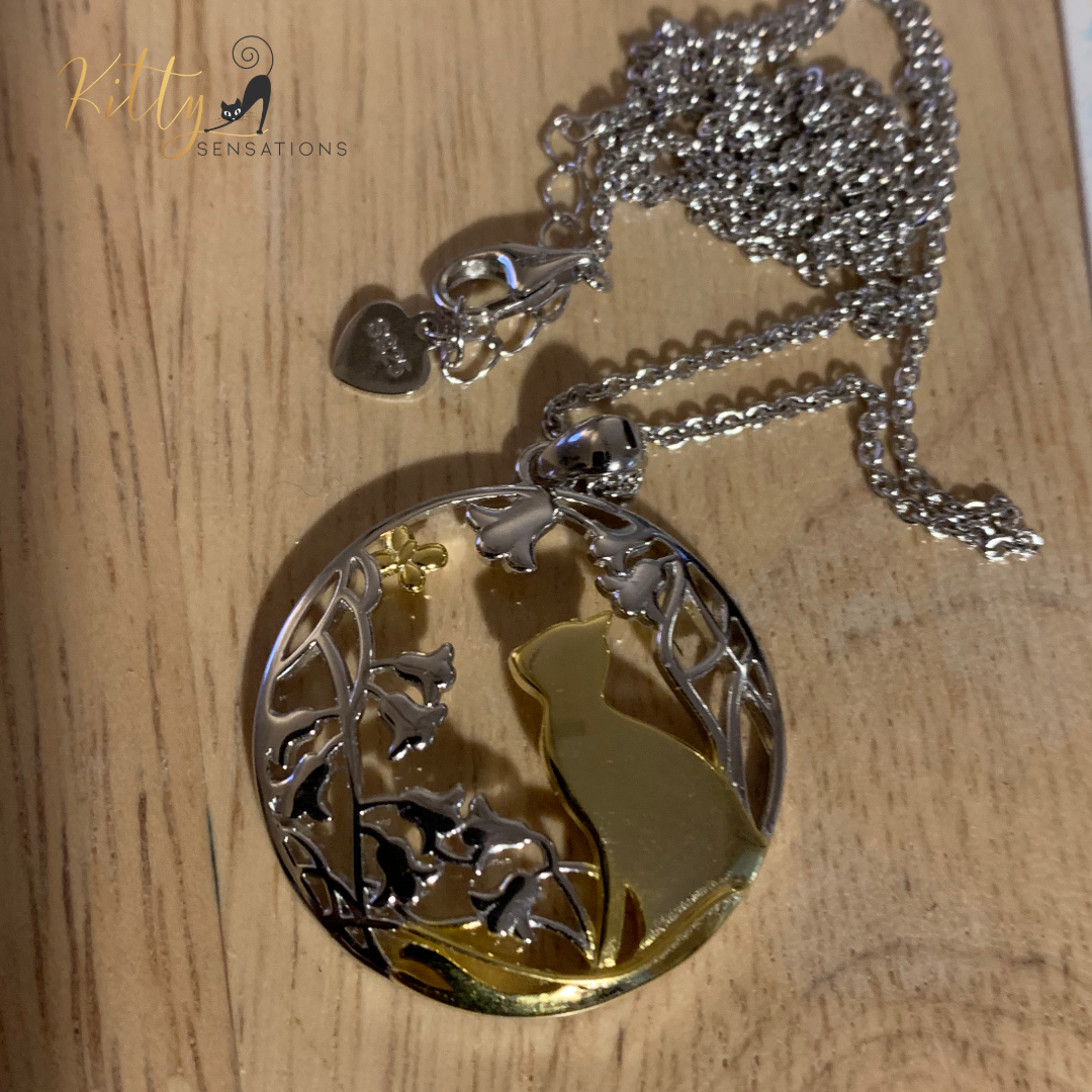 Daffodils, Butterfly, and Kitty Necklace in Solid 925 Sterling Silver (18K Gold Plated) - Adjustable Length