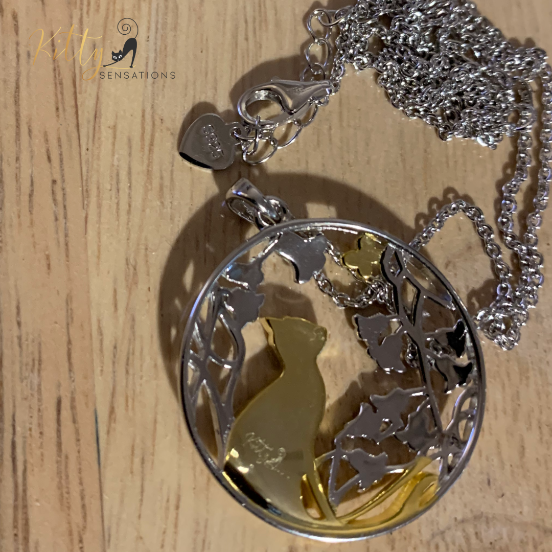 Daffodils, Butterfly, and Kitty Necklace in Solid 925 Sterling Silver (18K Gold Plated) - Adjustable Length