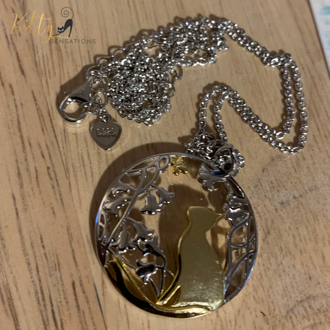 Daffodils, Butterfly, and Kitty Necklace in Solid 925 Sterling Silver (18K Gold Plated) - Adjustable Length
