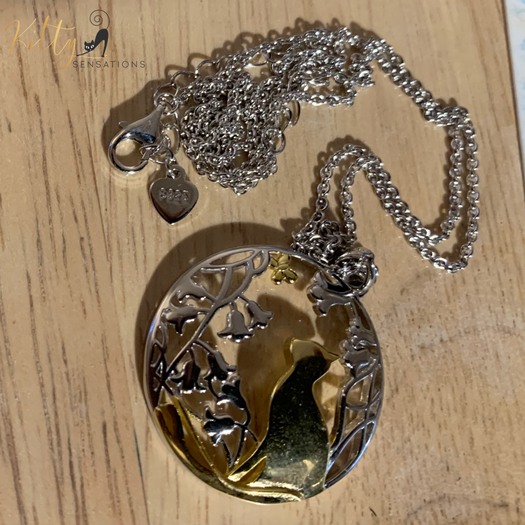 Daffodils, Butterfly, and Kitty Necklace in Solid 925 Sterling Silver (18K Gold Plated) - Adjustable Length