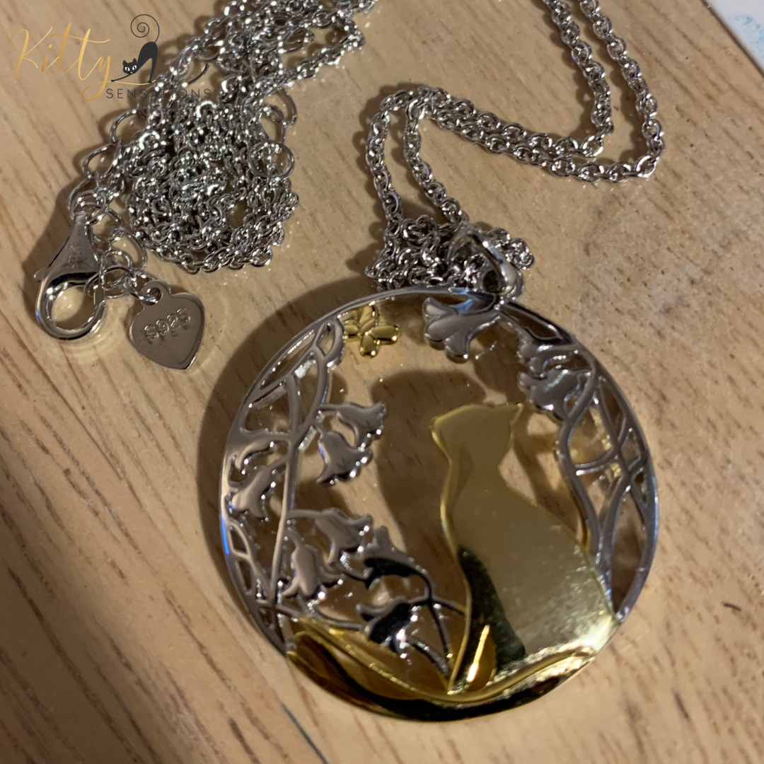 Daffodils, Butterfly, and Kitty Necklace in Solid 925 Sterling Silver (18K Gold Plated) - Adjustable Length