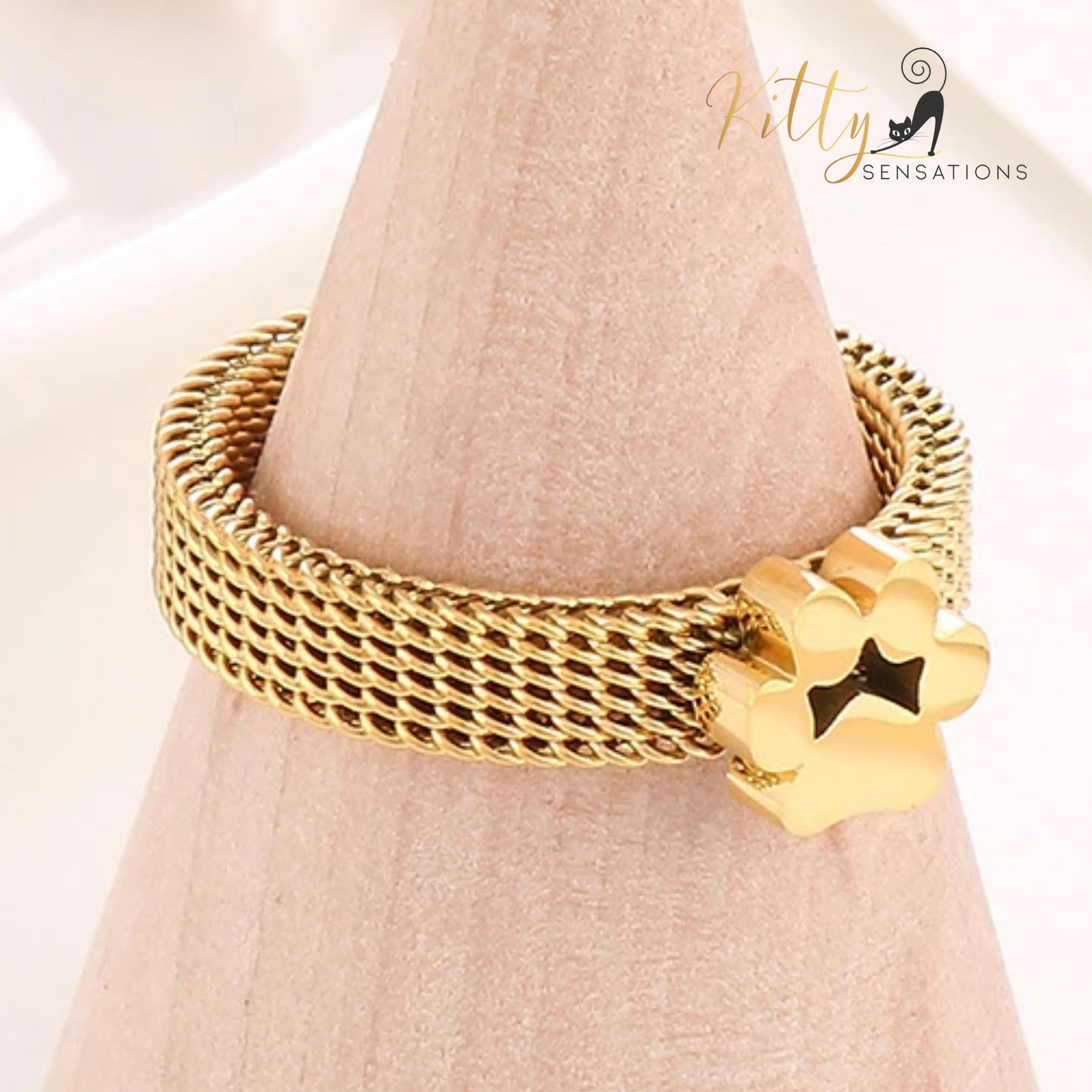 www.KittySensations.com: Very Stylish, Mesh Band Cat Paw Ring (Gold, Silver, or Rose Gold) ($36.13): https://www.kittysensations.com/products/mesh-band-cat-paw-ring-gold-silver-or-rose-gold