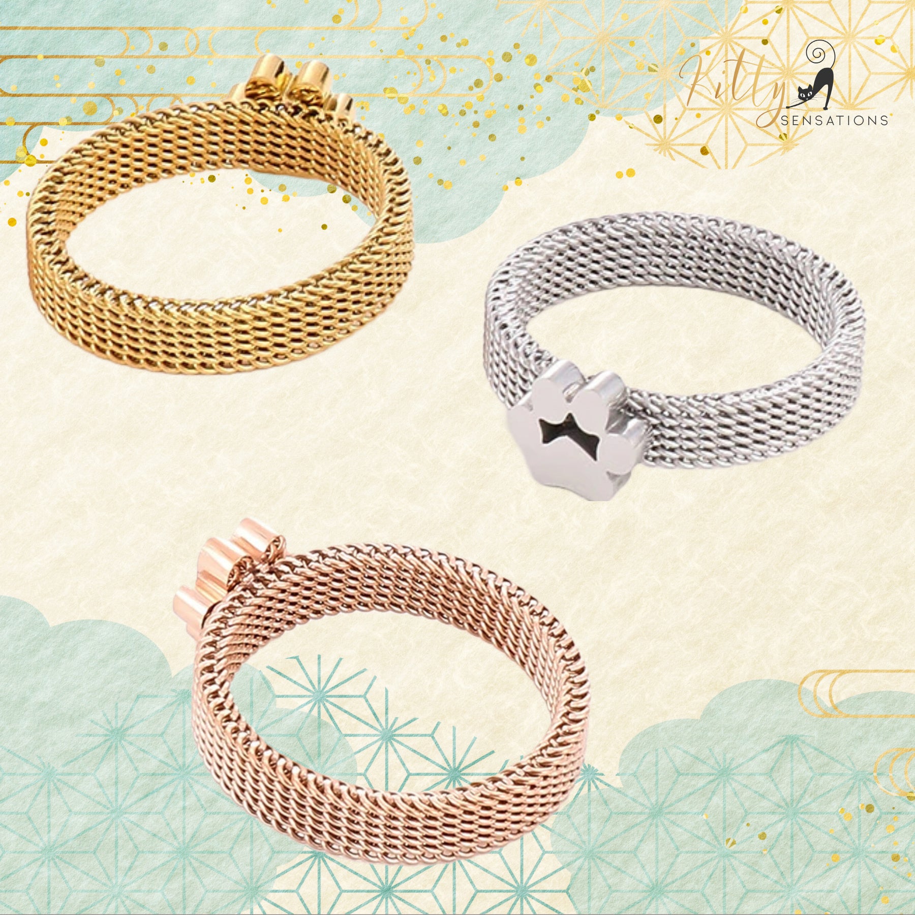 www.KittySensations.com: Very Stylish, Mesh Band Cat Paw Ring (Gold, Silver, or Rose Gold) ($36.13): https://www.kittysensations.com/products/mesh-band-cat-paw-ring-gold-silver-or-rose-gold