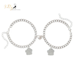 Magnetic Heart, Glow-In-The-Dark, Cat Paw, Couple/Friends Bracelet Set (Au Pair) - 925 Silver Plated - Adjustable Size