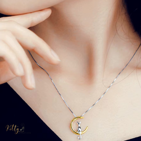 cat moon necklace in sterling silver - two tone (gold and silver)