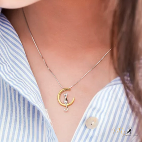 cat moon necklace in sterling silver two tone - gold and silver