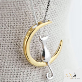 cat moon necklace in sterling silver - two tone - gold and silver