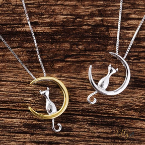 cat moon necklace in sterling silver - two toned and silver