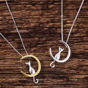 cat moon necklace in sterling silver - two toned and silver