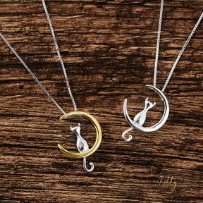 cat moon necklace in sterling silver - two toned and silver