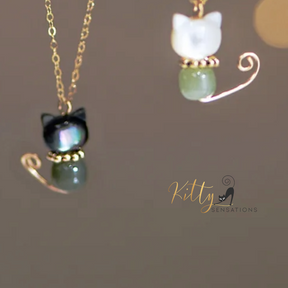 Hetian Jade and Mother-of-Pearl Cat, 14K Gold Filled Cat Necklace (Black or White)
