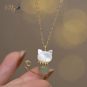 Hetian Jade and Mother-of-Pearl Cat, 14K Gold Filled Cat Necklace (Black or White)