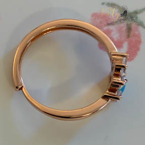 Rose gold plated solid 925 sterling silver cat paw ring with a central heart-shaped blue fire opal stone and four smaller AAA quality clear Cubic Zirconia stones for kitty toes.