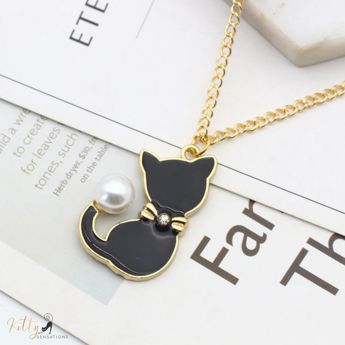 Pearl Tail Enameled Kitten/Cat Choker Necklace