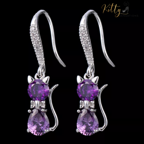 Purple Crystal Cat Earrings (Platinum Plated)