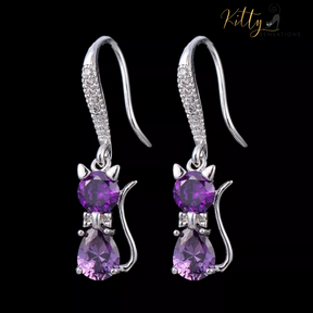 Purple Crystal Cat Earrings (Platinum Plated)