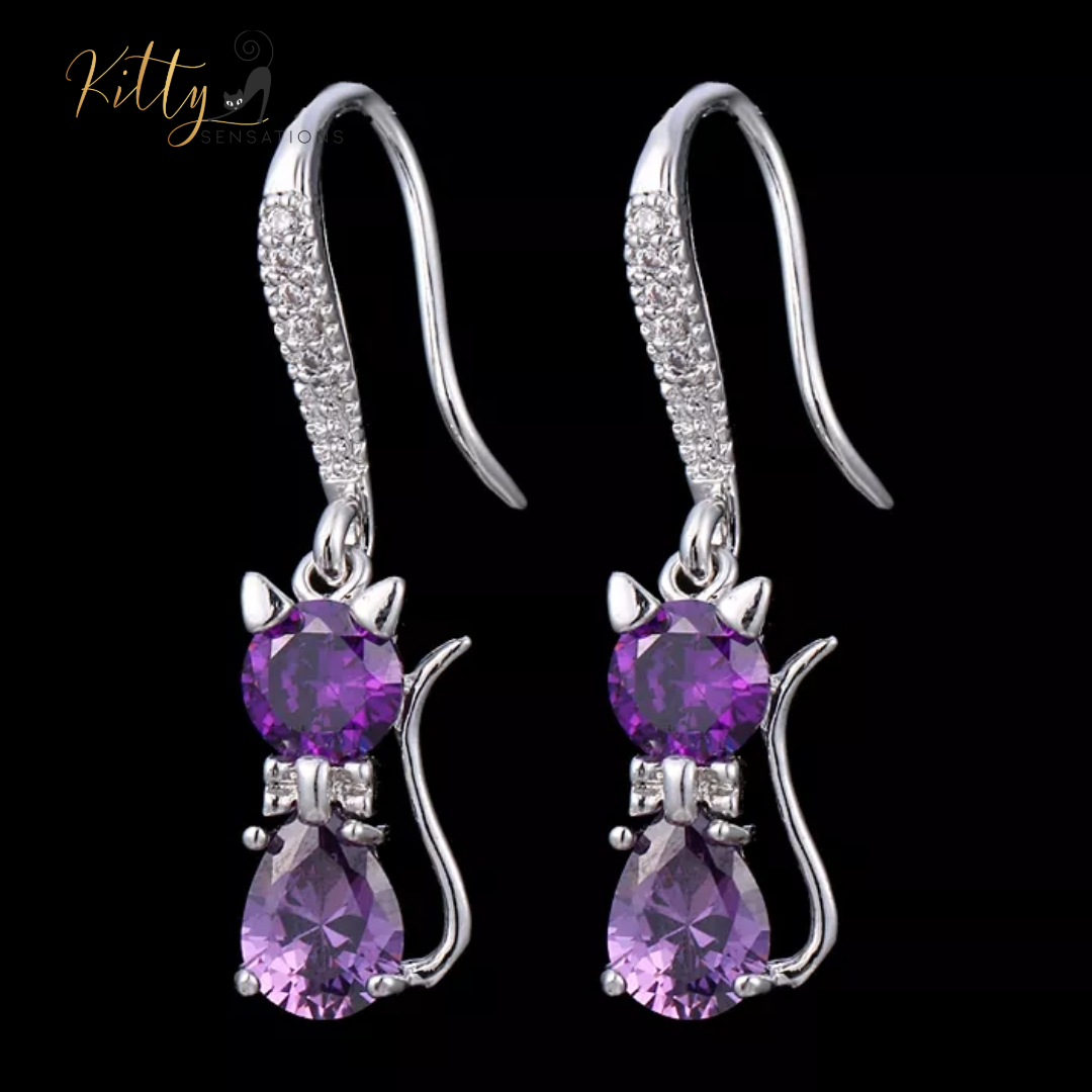 Purple Crystal Cat Earrings (Platinum Plated)