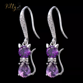 Purple Crystal Cat Earrings (Platinum Plated)