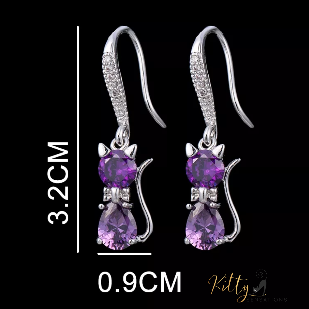 Purple Crystal Cat Earrings (Platinum Plated)