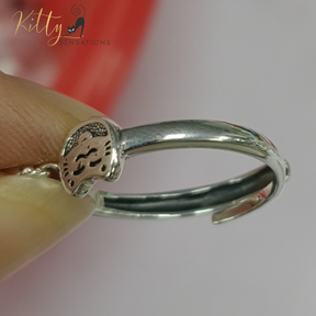 Smiley Cat Ring with Hanging Charm in Solid 925 Sterling Silver - Rhodium-Plated - Adjustable