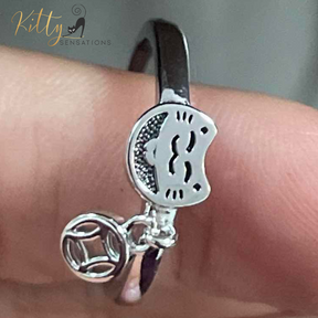 Smiley Cat Ring with Hanging Charm in Solid 925 Sterling Silver - Rhodium-Plated - Adjustable