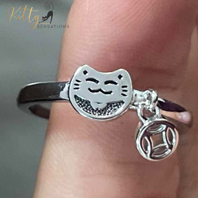 Smiley Cat Ring with Hanging Charm in Solid 925 Sterling Silver - Rhodium-Plated - Adjustable