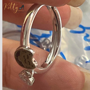 Smiley Cat Ring with Hanging Charm in Solid 925 Sterling Silver - Rhodium-Plated - Adjustable