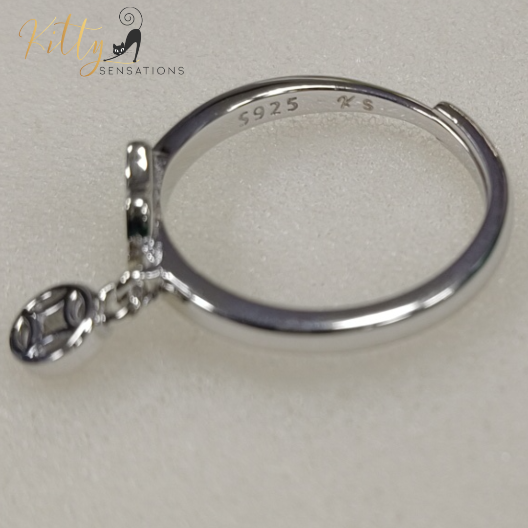 Smiley Cat Ring with Hanging Charm in Solid 925 Sterling Silver - Rhodium-Plated - Adjustable