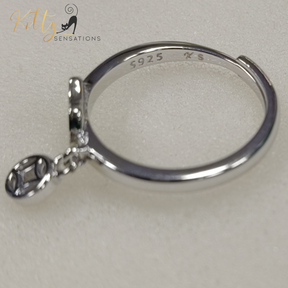 Smiley Cat Ring with Hanging Charm in Solid 925 Sterling Silver - Rhodium-Plated - Adjustable