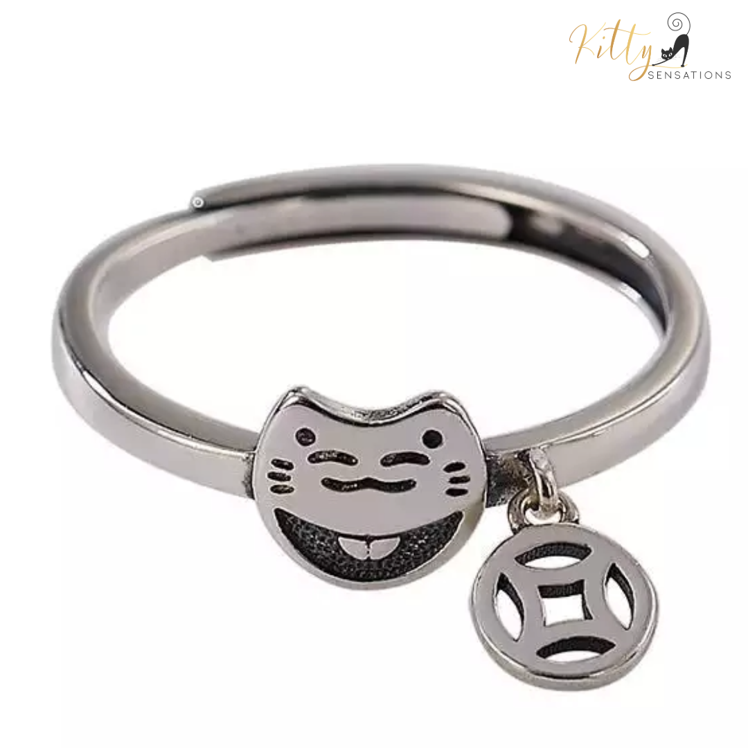 Smiley Cat Ring with Hanging Charm in Solid 925 Sterling Silver - Rhodium-Plated - Adjustable