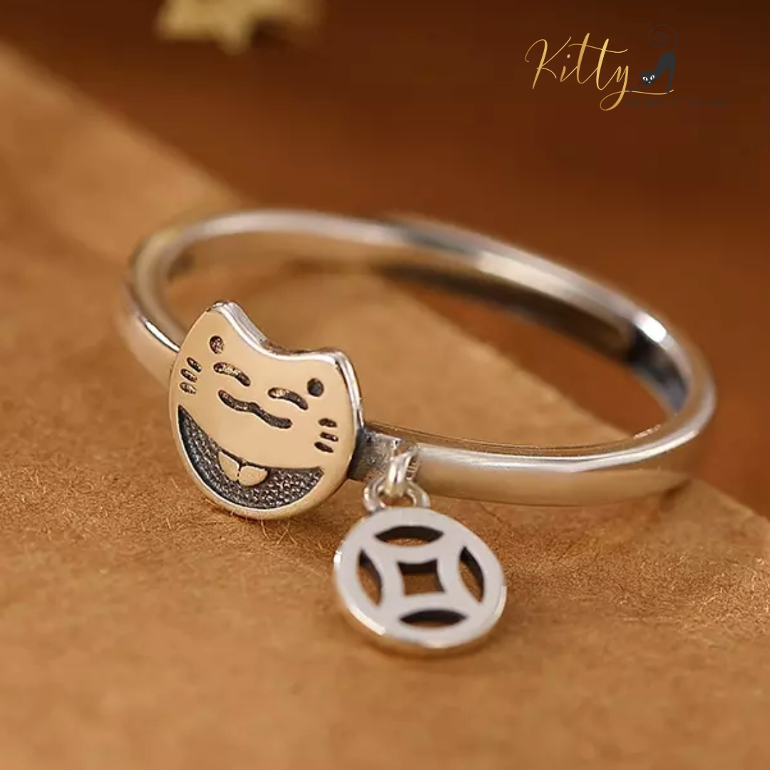 Smiley Cat Ring with Hanging Charm in Solid 925 Sterling Silver - Rhodium-Plated - Adjustable